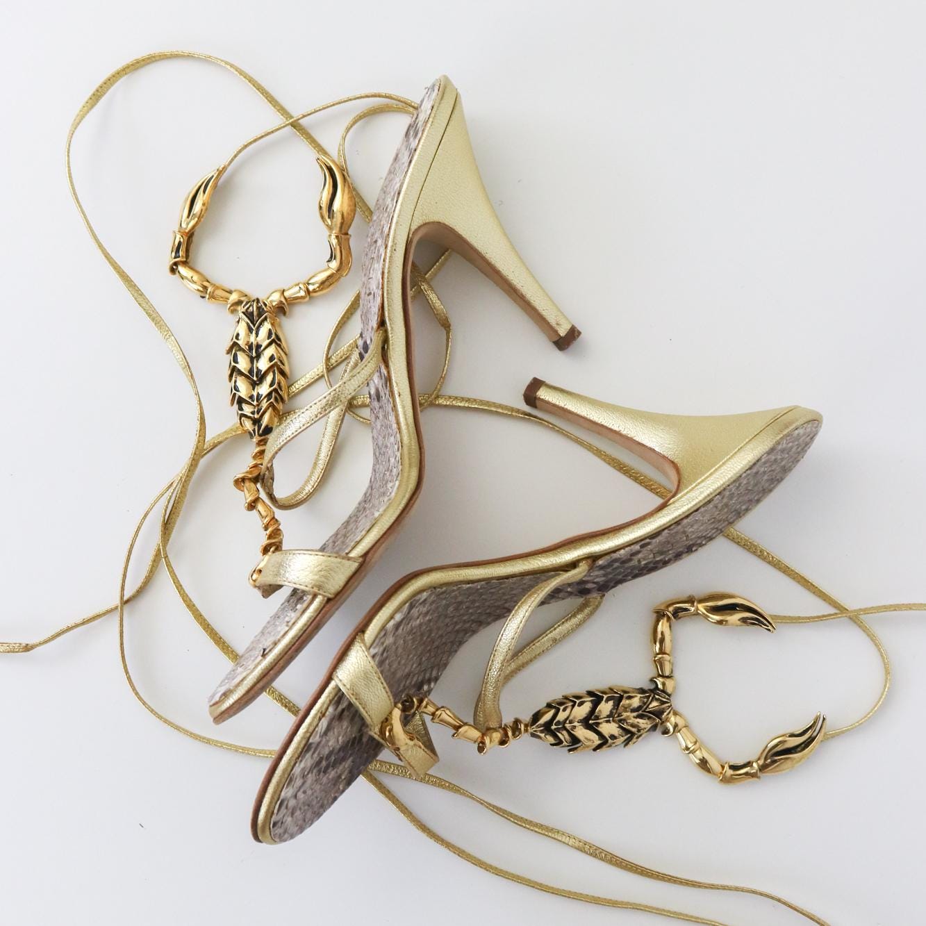 Vintage Vicini Giuseppe Zanotti Gold Scoprion Python Leather Lace Up Heels / 38 (US 8)