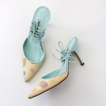 Vintage 2000s Manolo Blahnik Stingray Skin Turquoise Leather Lace Up Mules / 36 (US 6)