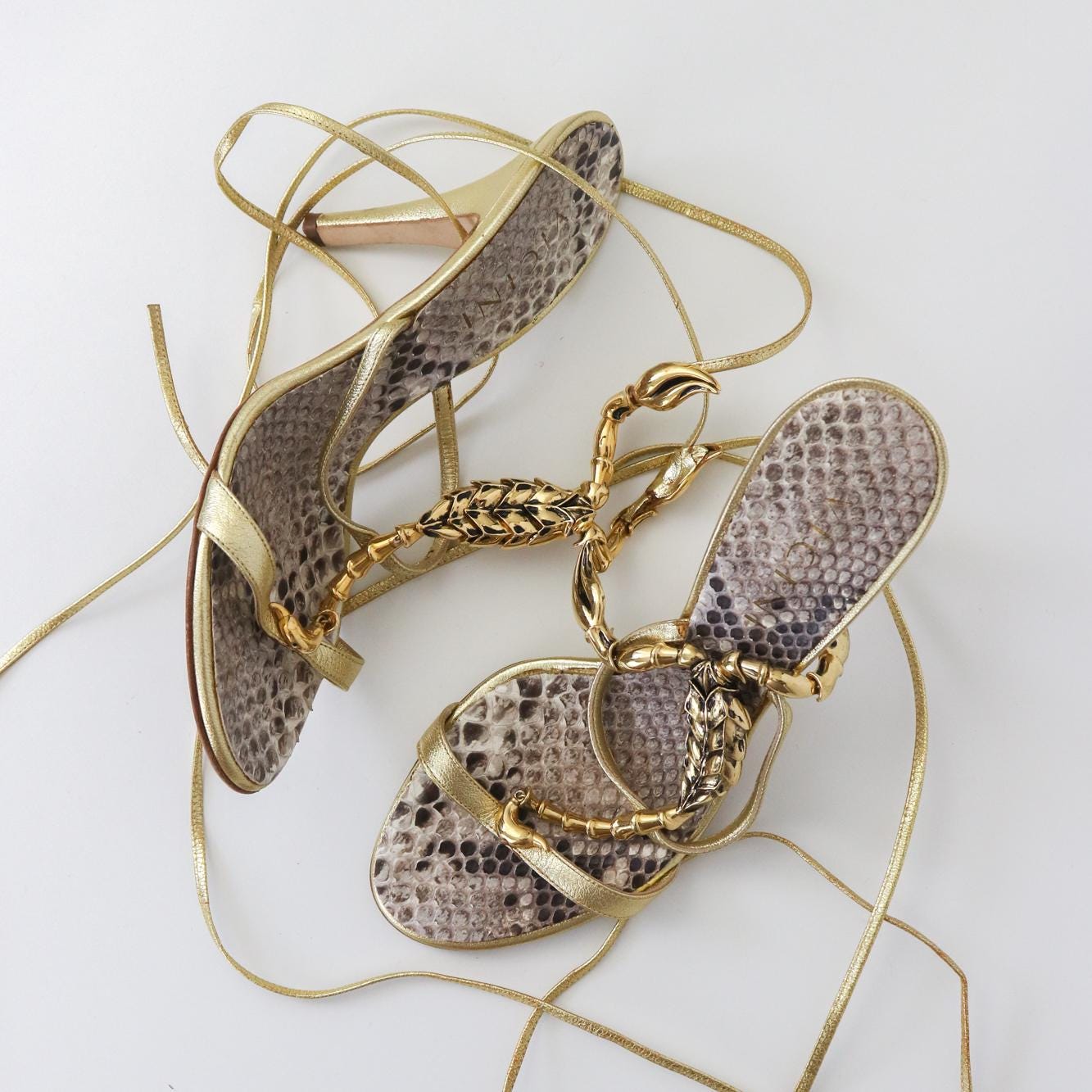 Vintage Vicini Giuseppe Zanotti Gold Scoprion Python Leather Lace Up Heels / 38 (US 8)