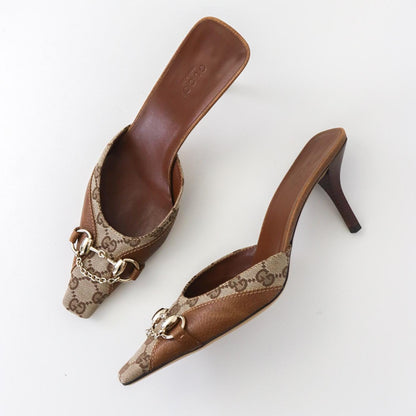 Vintage Gucci by Tom Ford Beige GG Monogram Mules Chain Horsebit Heels / 39 (US 9)