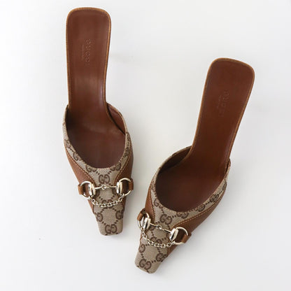 Vintage Gucci by Tom Ford Beige GG Monogram Mules Chain Horsebit Heels / 39 (US 9)