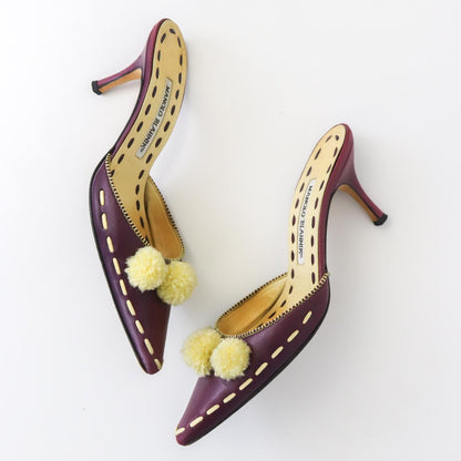 Vintage Manolo Blahnik Rare Pompom Mules Pointed Toe Shearling Leather Heels / 37 (US 7)