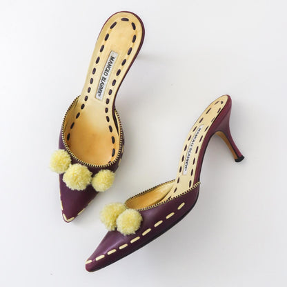 Vintage Manolo Blahnik Rare Pompom Mules Pointed Toe Shearling Leather Heels / 37 (US 7)