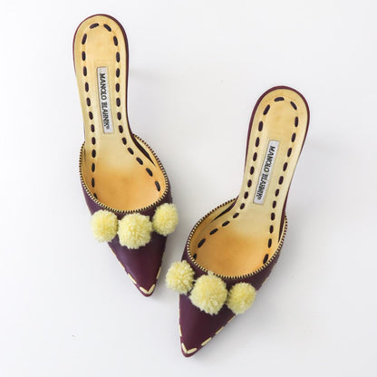 Vintage Manolo Blahnik Rare Pompom Mules Pointed Toe Shearling Leather Heels / 37 (US 7)