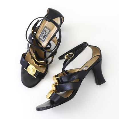 Vintage 1990s Gianni Versace Gold Medusa Head Medallion Black Leather Heels / 37 (US 7)
