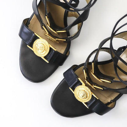 Vintage 1990s Gianni Versace Gold Medusa Head Medallion Black Leather Heels / 37 (US 7)