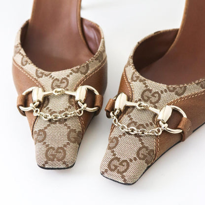 Vintage Gucci by Tom Ford Beige GG Monogram Mules Chain Horsebit Heels / 39 (US 9)