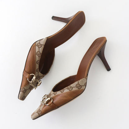 Vintage Gucci by Tom Ford Beige GG Monogram Mules Chain Horsebit Heels / 39 (US 9)
