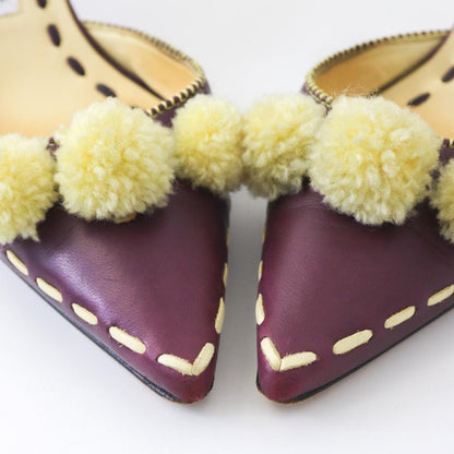 Vintage Manolo Blahnik Rare Pompom Mules Pointed Toe Shearling Leather Heels / 37 (US 7)