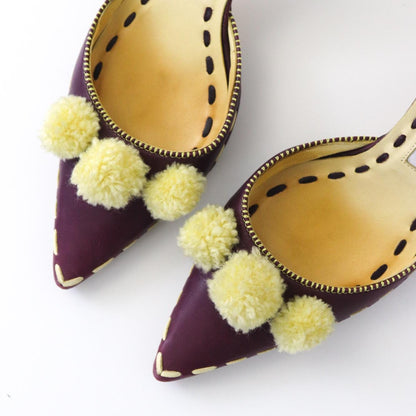 Vintage Manolo Blahnik Rare Pompom Mules Pointed Toe Shearling Leather Heels / 37 (US 7)
