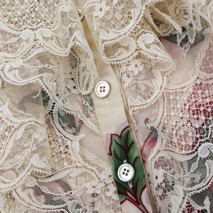 Vintage Valentino S/S 2006 Runway Silk Floral Print Blouse Lace Ruffle Jabot Top / XS-S