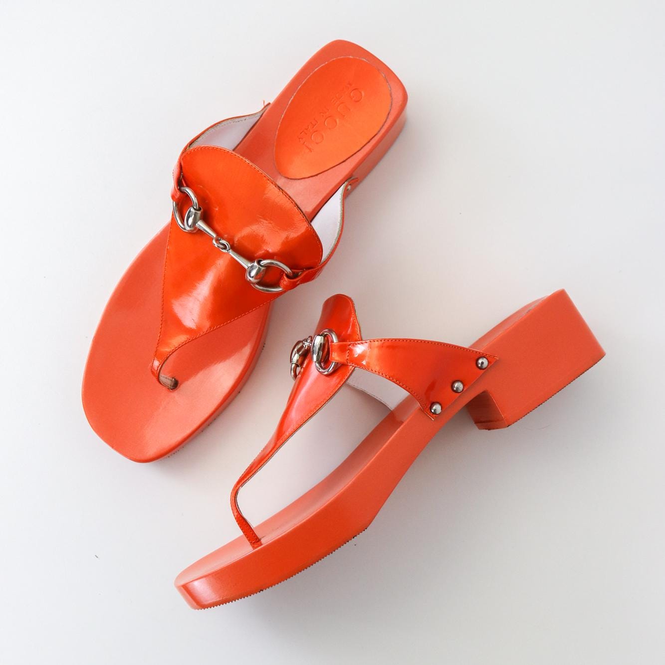 Vintage 1990s Gucci by Tom Ford Coral Orange Thong Mules Horsebit Clogs / 37 (US 7)