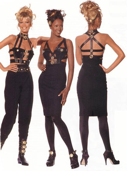 Vintage 1990s Gianni Versace Gold Medusa Head Medallion Black Leather Heels / 37 (US 7)