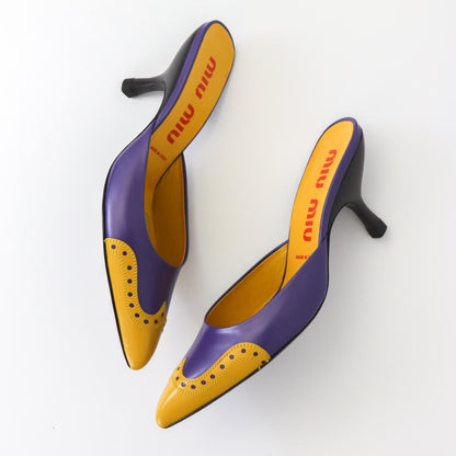 Vintage Miu Miu Prada Purple Yellow Leather Western Mules Pointed Toe Heels / 35.5 (US 5.5)