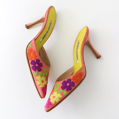 Vintage Manolo Blahnik Suede Floral Patchwork Pointed Toe Mule Heels / 36 (US 6)