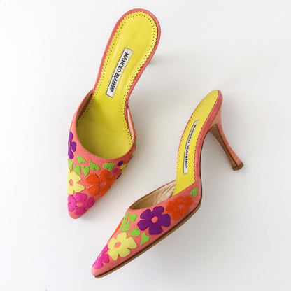 Vintage Manolo Blahnik Suede Floral Patchwork Pointed Toe Mule Heels / 36 (US 6)