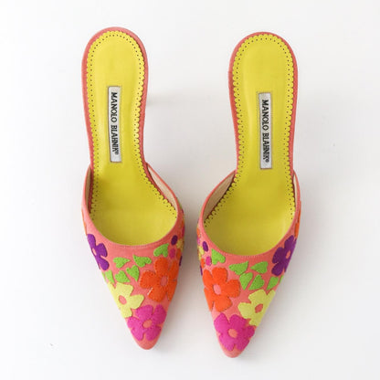 Vintage Manolo Blahnik Suede Floral Patchwork Pointed Toe Mule Heels / 36 (US 6)