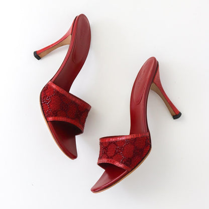 Vintage Gucci by Tom Ford GG Monogram Red Beaded Mules Reptile Leather Heels / 36.5 (US 6.5)