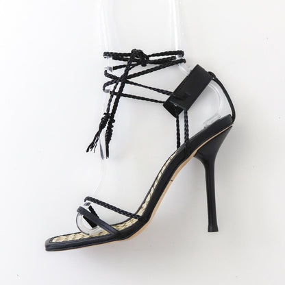 Vintage F/W 2002 Gucci by Tom Ford Black Braided Leather Strappy Heels Bamboo Insole / 36.5 (US 6.5)