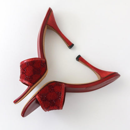 Vintage Gucci by Tom Ford GG Monogram Red Beaded Mules Reptile Leather Heels / 36.5 (US 6.5)