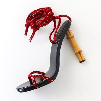 Rare Vintage S/S 2002 Gucci by Tom Ford Red Velvet Ankle Wrap Bamboo Heels / 39 (US 9)