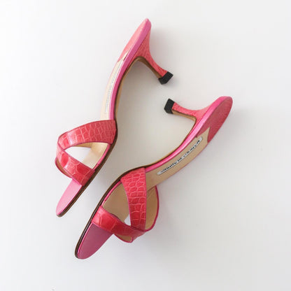 Vintage Manolo Blahnik Callamu Pink Croc Kitten Heel Mules / 36.5 (US 6.5)