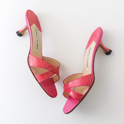 Vintage Manolo Blahnik Callamu Pink Croc Kitten Heel Mules / 36.5 (US 6.5)