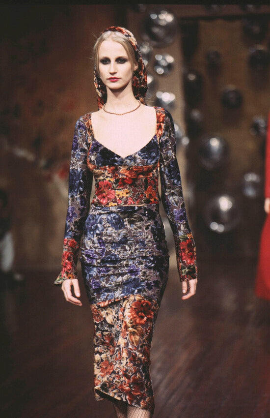 F/W 1997 Rifat Ozbek Burnout Velvet Floral Print Runway Dress / IT 42 (S-M)